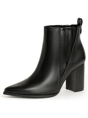 Women's Brown Black Chunky High Heel Ankle Dess Booties Faux Leather Pull-On